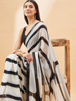 Multicolour Georgette Stripes Print With Embellished Lace Saree with Unstitched Fancy Blouse