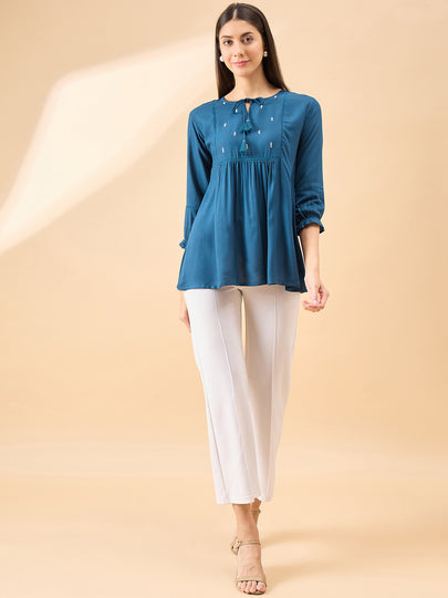 Blue Cotton Blend Embroidered Tie-Ups Regular Sleeves Schiffli Tops