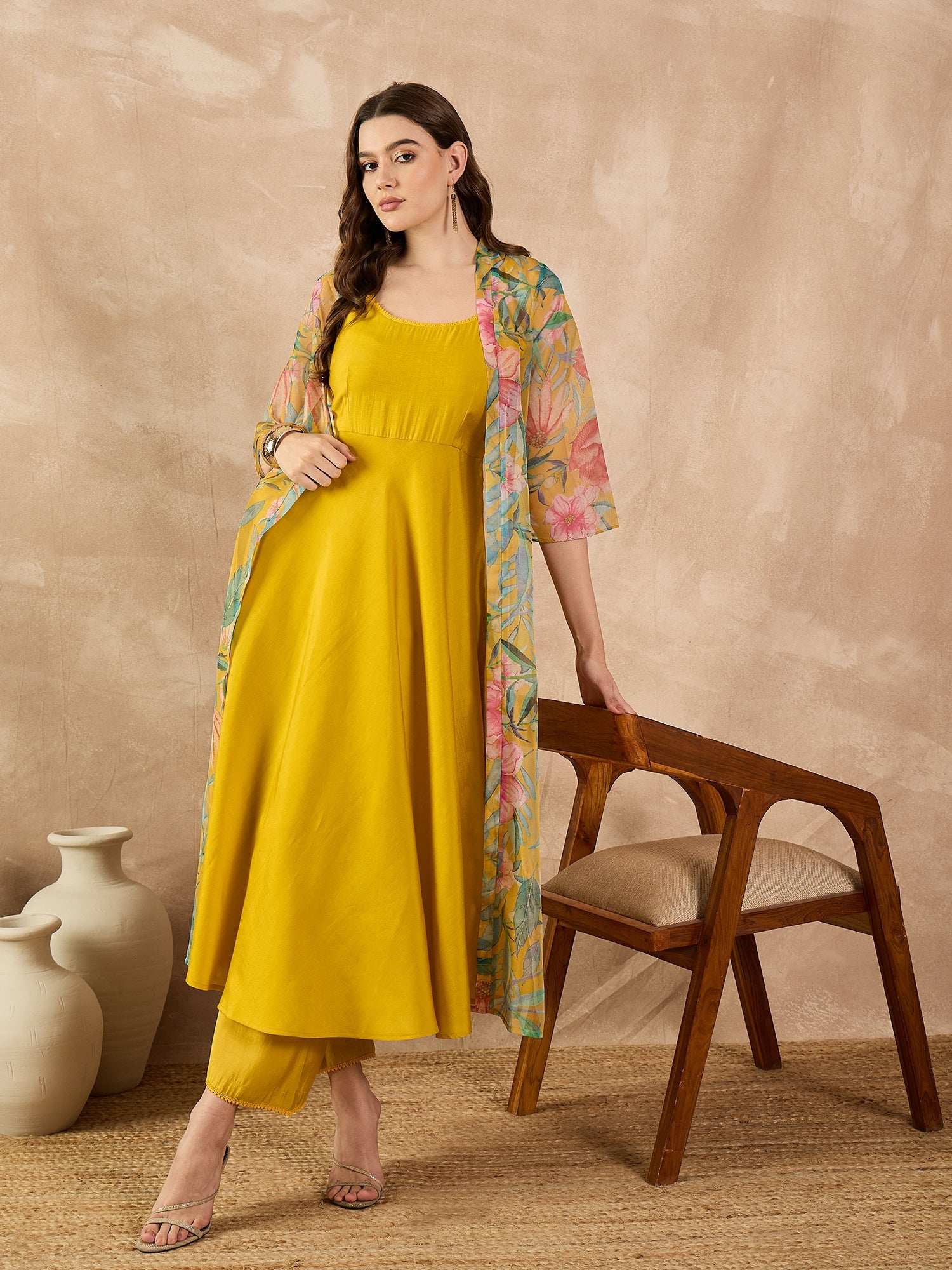 Yellow Silk Blend Solid A-Line Kurta Trouser With Floral Print Shrug