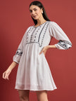 White Cotton Embroidered Puff Sleeves Floral Dress