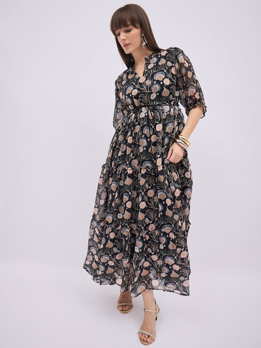 Multi BLENDED Printed Regular Sleeves Floral Dress