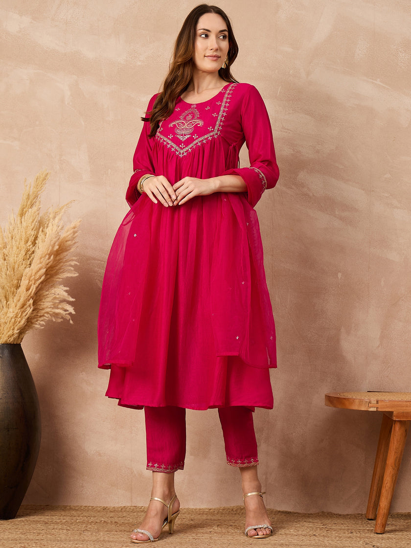 Pink  Silk Blend Embroideried A-Line Kurta Trouser