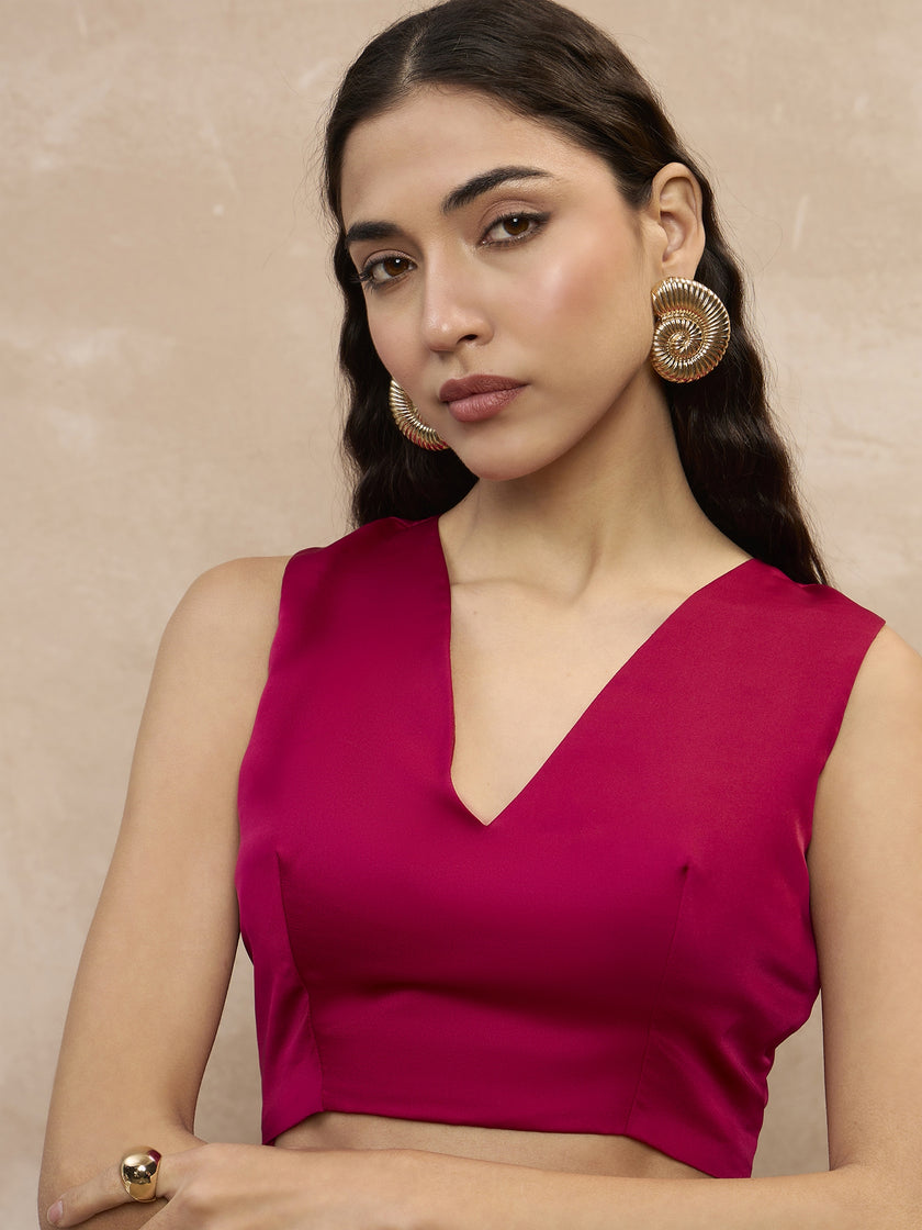 Magenta Satin Stripped Silver Jari Work  Saree with Unstitched Blouse