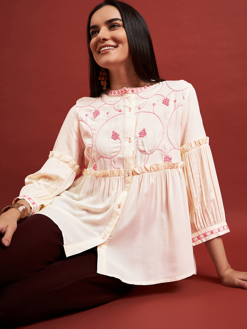 Cream Pure Cotton Embroidered Gathered or Pleated Puff Sleeves Floral Print Tops