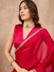 Rose Satin Solid with Embroidery Coding Border  Saree with Unstitched Blouse