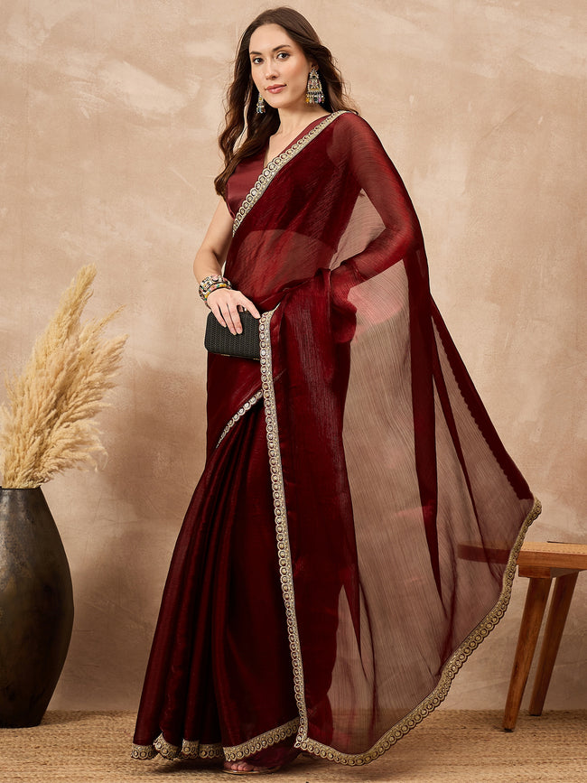Maroon Satin Solid with Coding Border Saree with Unstitched Blouse