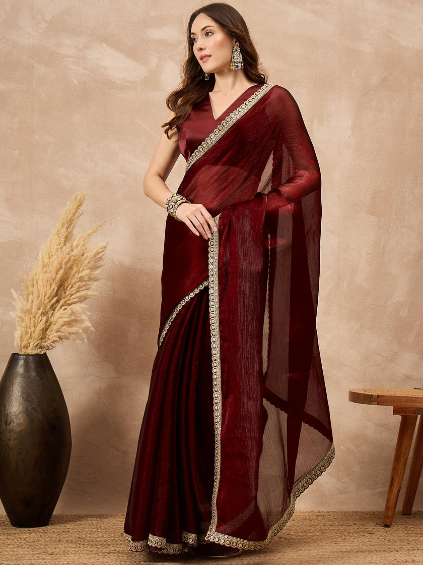 Maroon Satin Solid with Coding Border Saree with Unstitched Blouse