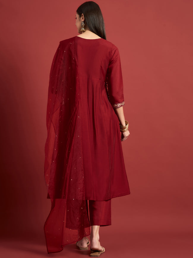 Red  Pure Silk Embroideried Anarkali Kurta  Trouser