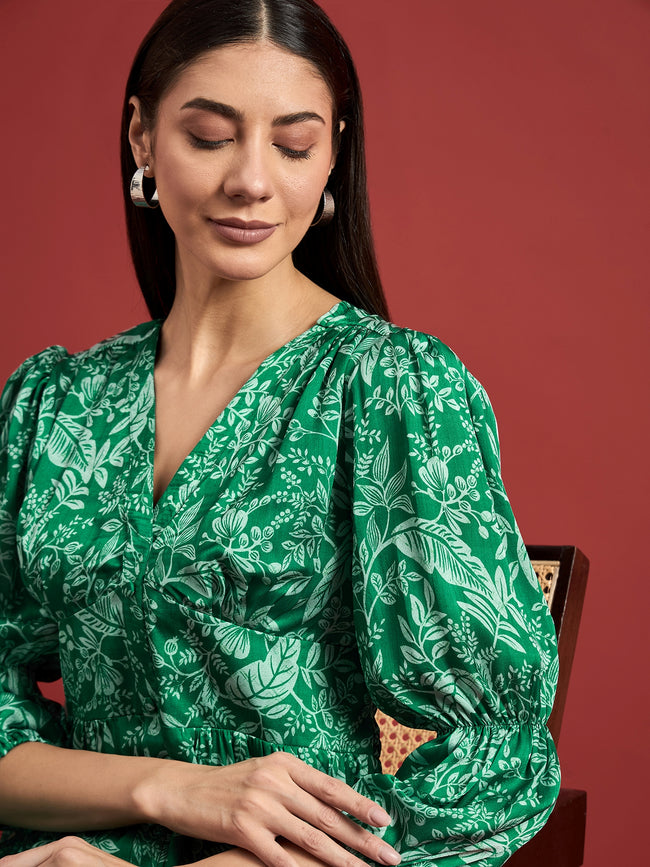 Green Polyester Printed Puff Sleeves Floral Dress