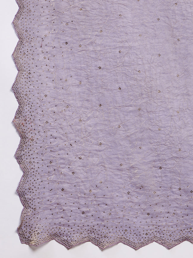 Lavender Satin All Over Stone Work With Stone Work Border Saree with Unstitched Blouse