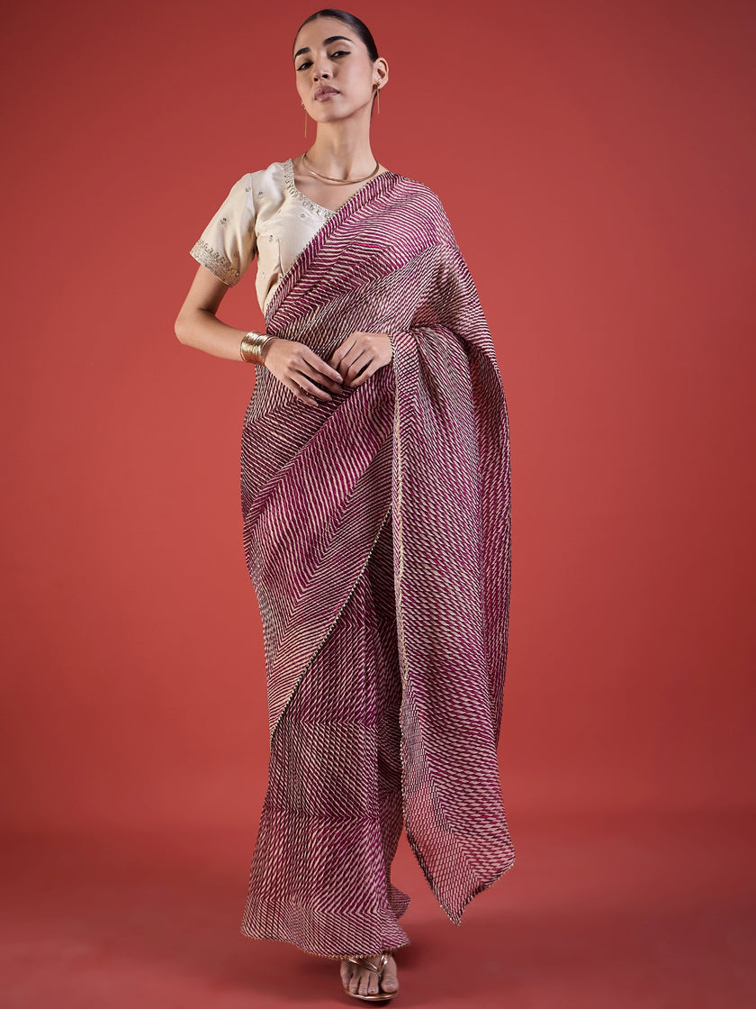 Wine  Pure Chiffon ZigZag Pattern Print With Embellished Lace Saree with Unstitched Fancy Blouse
