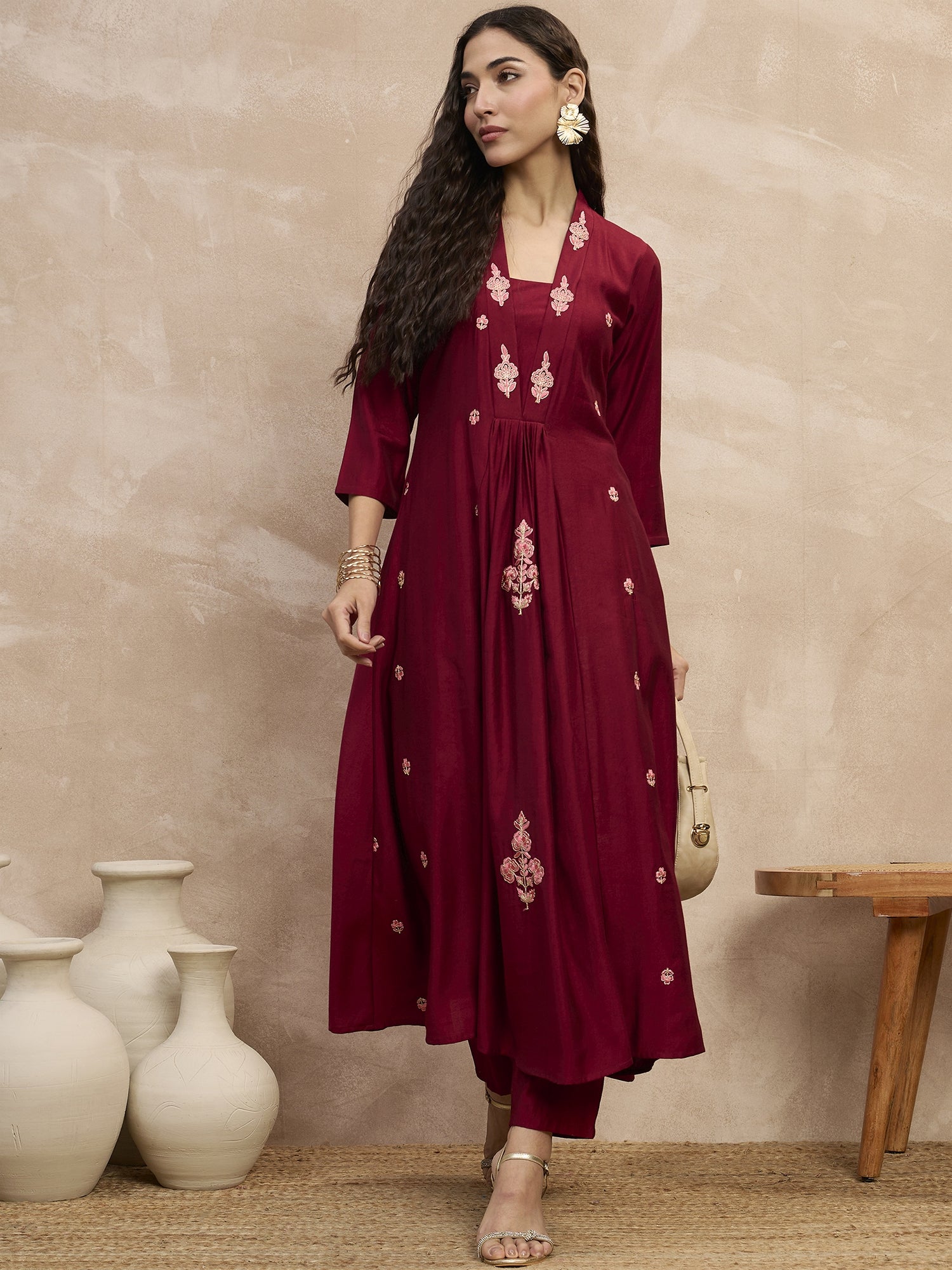 Maroon  Chinon Embroideried A-Line Kurta Trouser