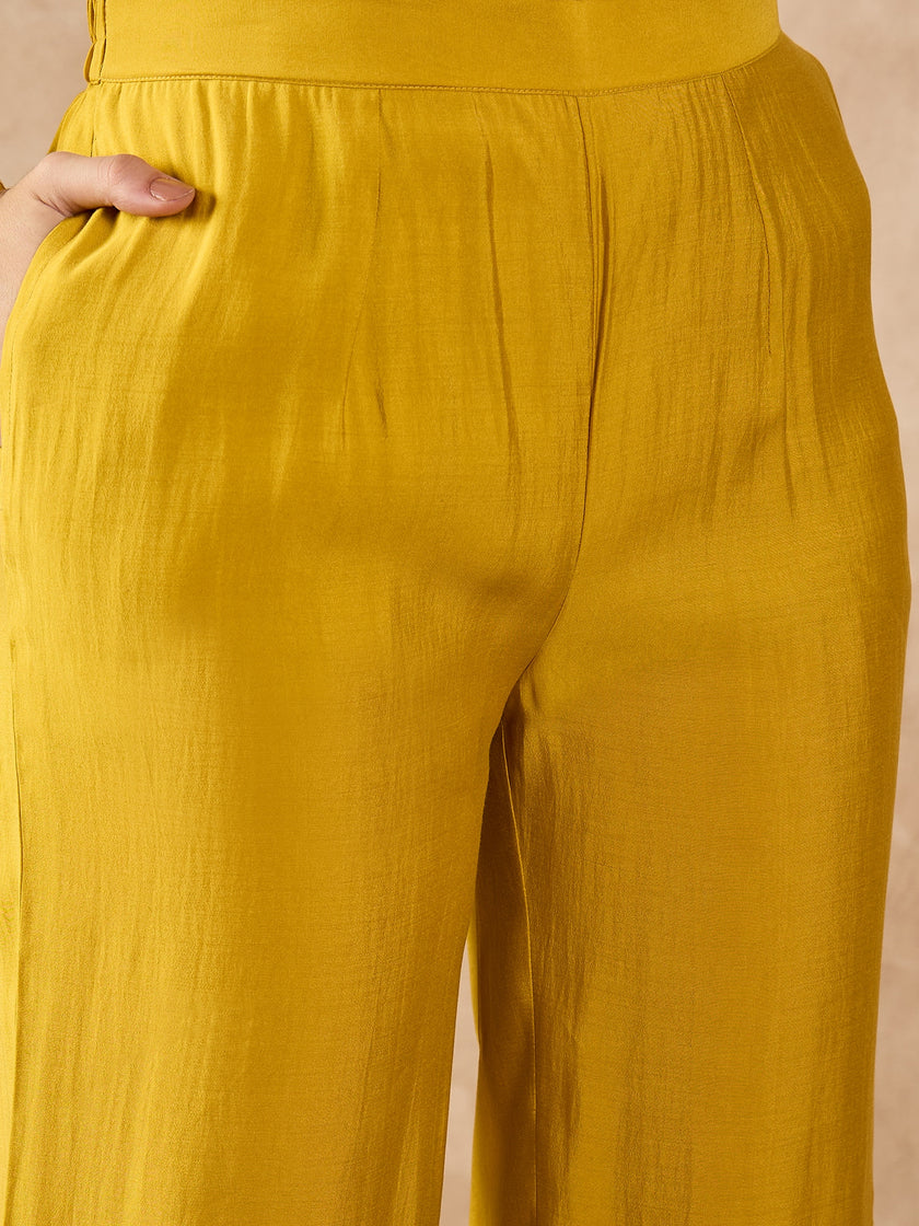 Yellow Silk Blend Solid A-Line Kurta Trouser With Floral Print Shrug