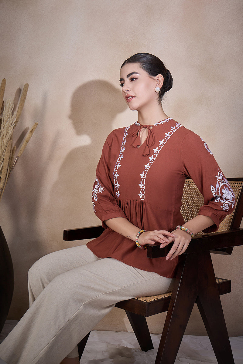 Brown Viscose Rayon Embroidered Gathered or Pleated Regular Sleeves Geometric Print Tops
