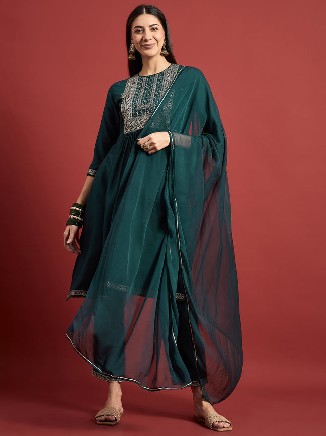 Green   Embroideried A-Line Kurta  Trouser