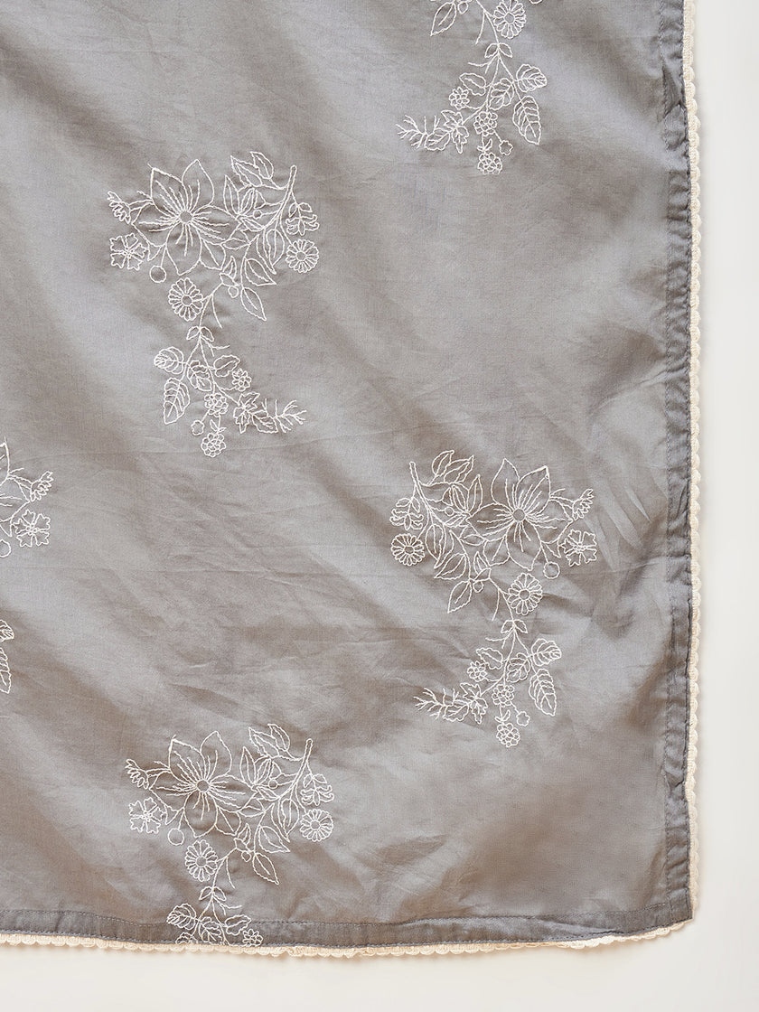 Grey Pure Cotton Solid A-Line Kurta Trouser  With Dupatta