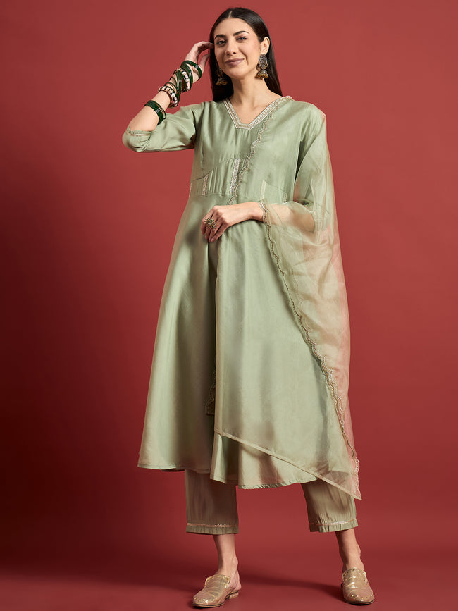 Green  Silk Blend Embroideried A-Line Kurta Trouser