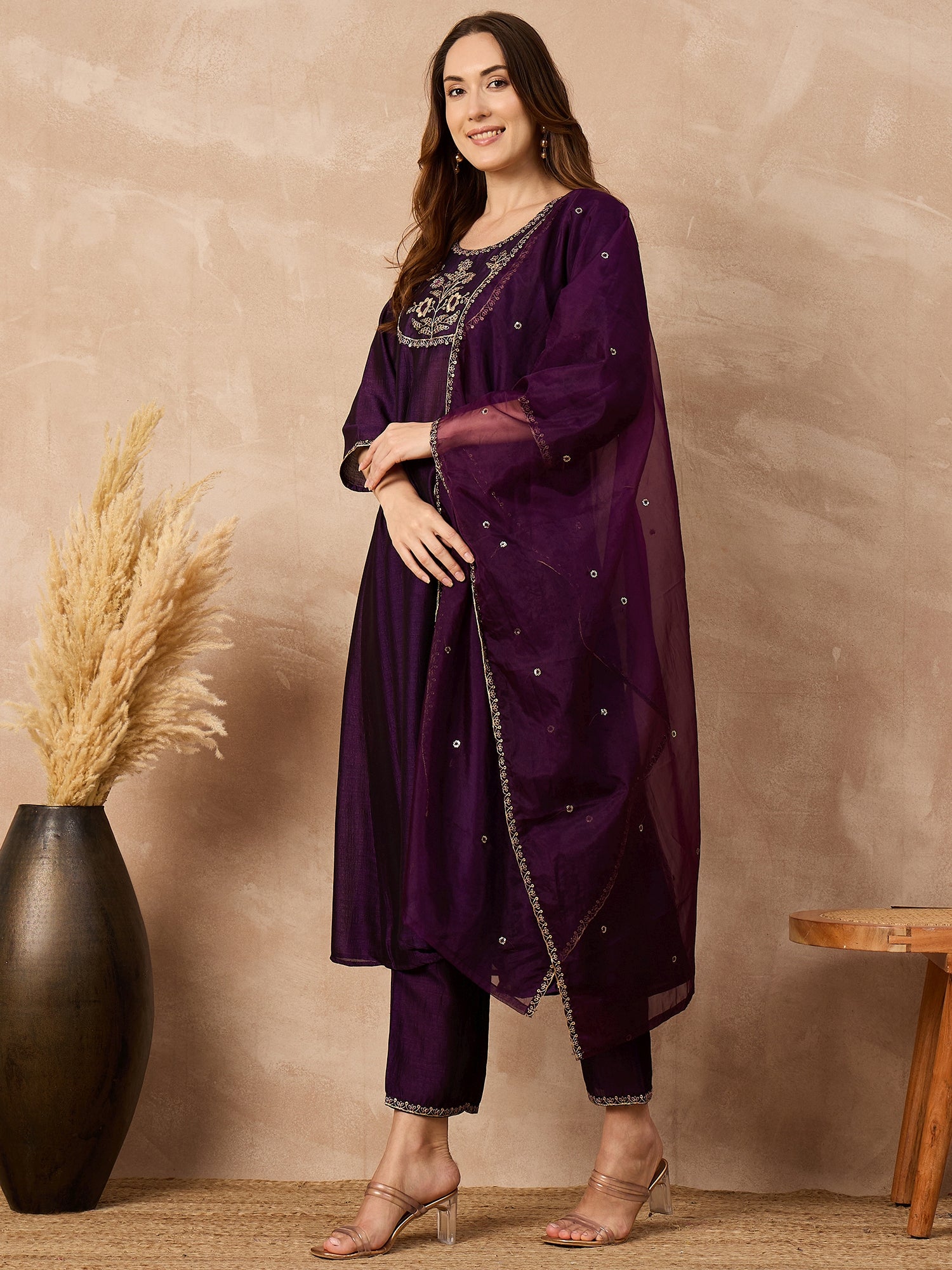 Purple  Silk Blend Embroideried A-Line Kurta Trouser