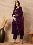 Purple  Silk Blend Embroideried A-Line Kurta Trouser