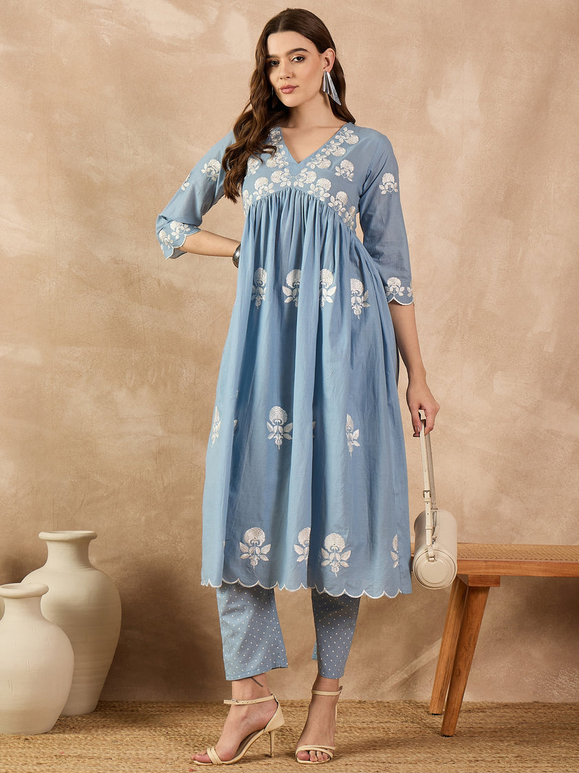 Light Blue  Cotton Blend Embroideried A-Line Kurta Trouser