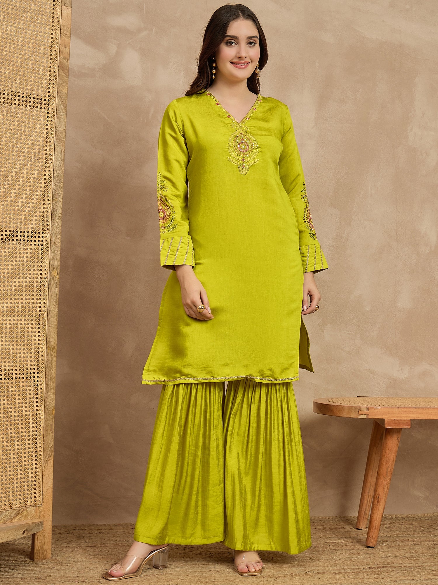 Yellow  Silk Blend Embroideried Straight Kurta Sharara