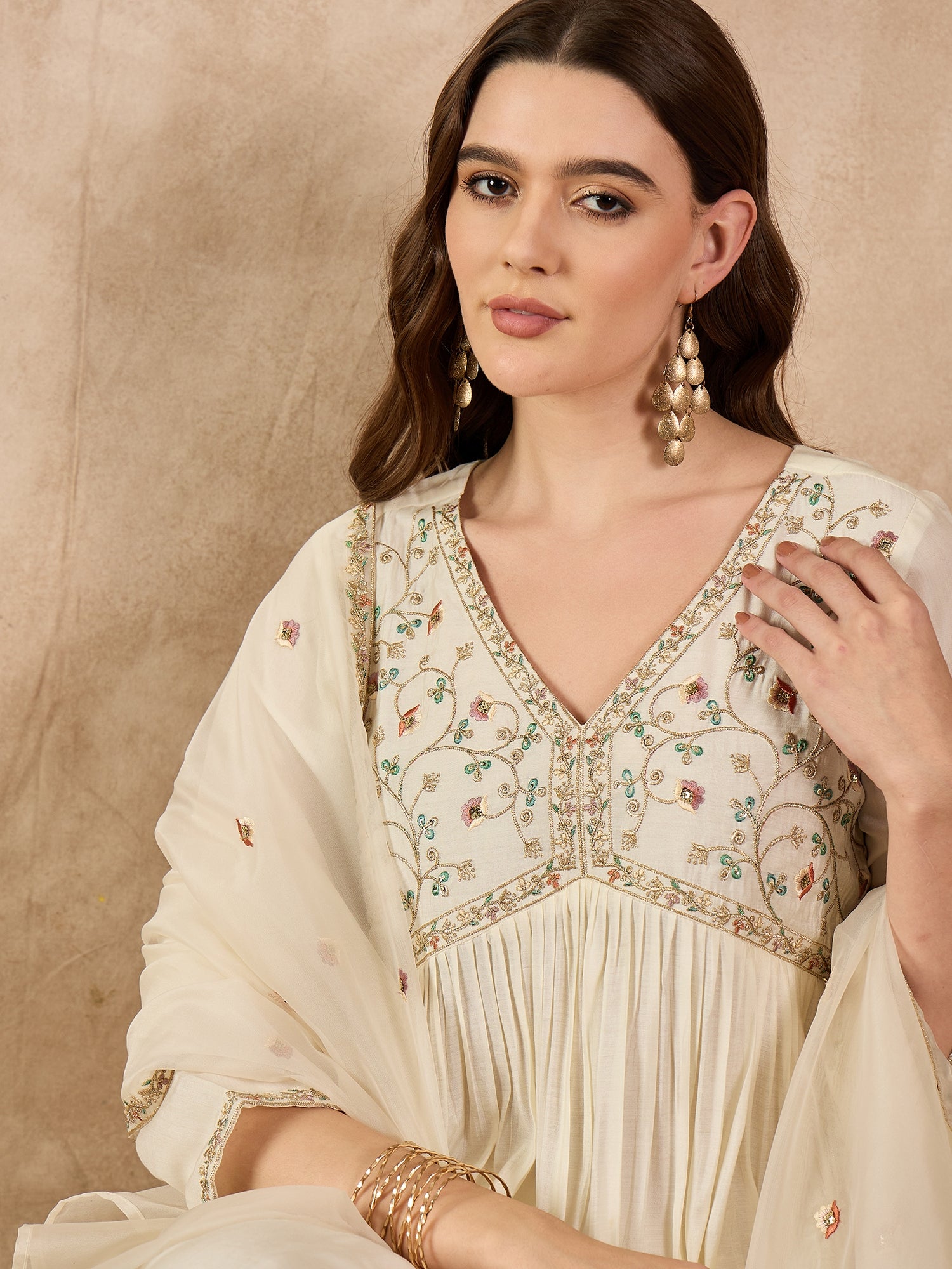 Off White  Silk Blend Embroideried A-Line Kurta Trouser