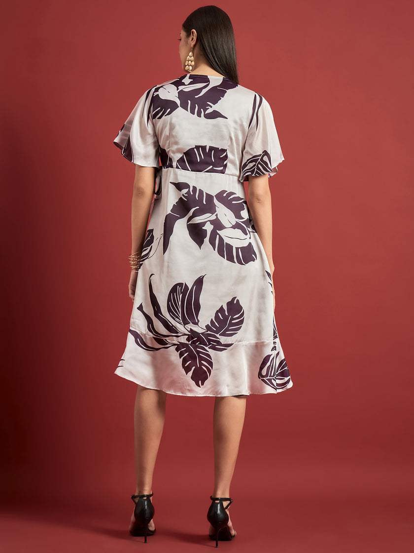 White Polyester Printed Flutter Sleeves Tropical Dress
