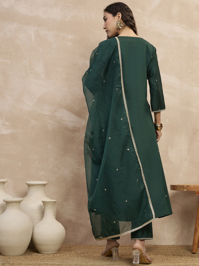 Green  Chinon Embroideried A-Line Kurta Trouser