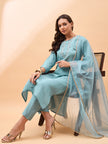 Light Blue  Pure Silk Yoke Design A-Line Kurta  Trouser   With Dupatta