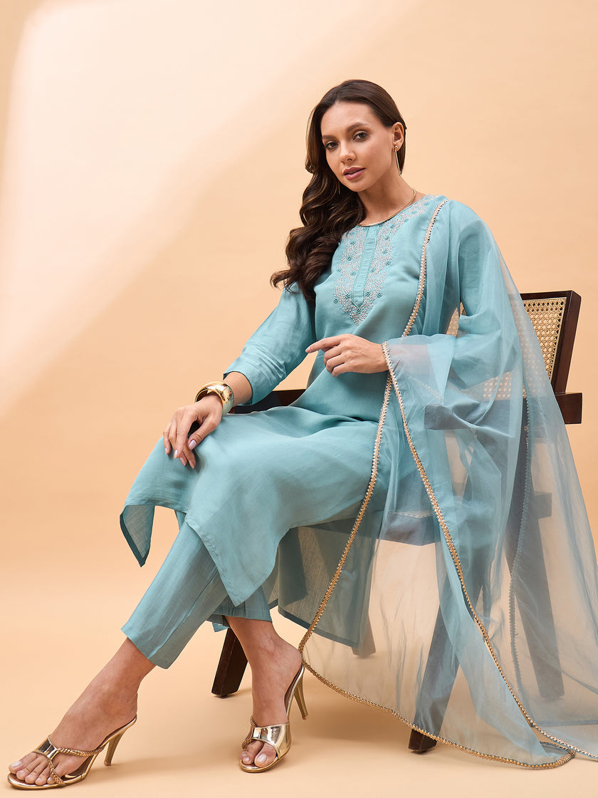 Light Blue  Pure Silk Yoke Design A-Line Kurta  Trouser   With Dupatta