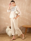 Off White Synthetic Georgette Embroidered Gathered or Pleated Regular Sleeves Ethnic Print Tops
