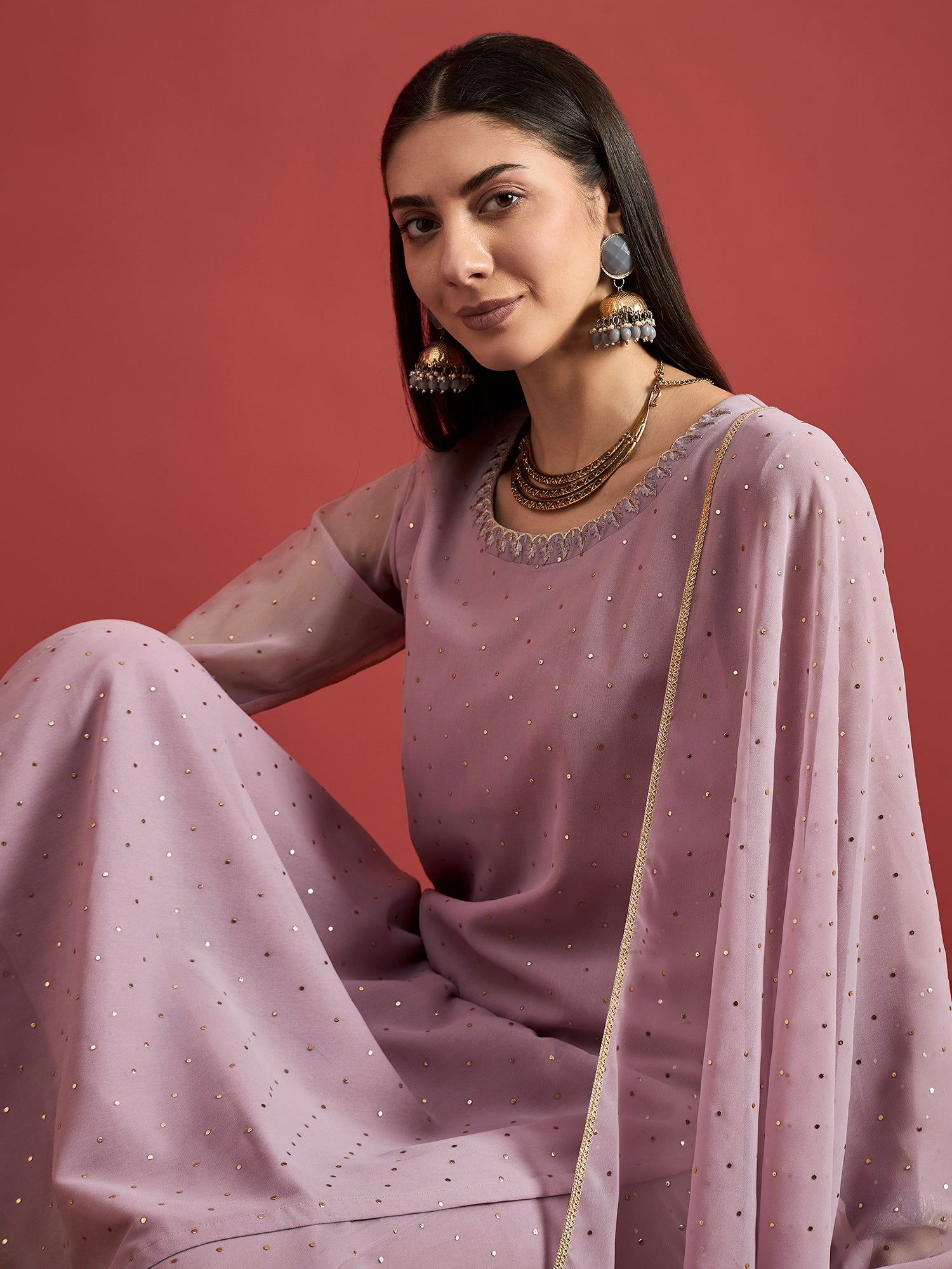 Purple  Georgette Embroideried A-Line Kurta Palazzos