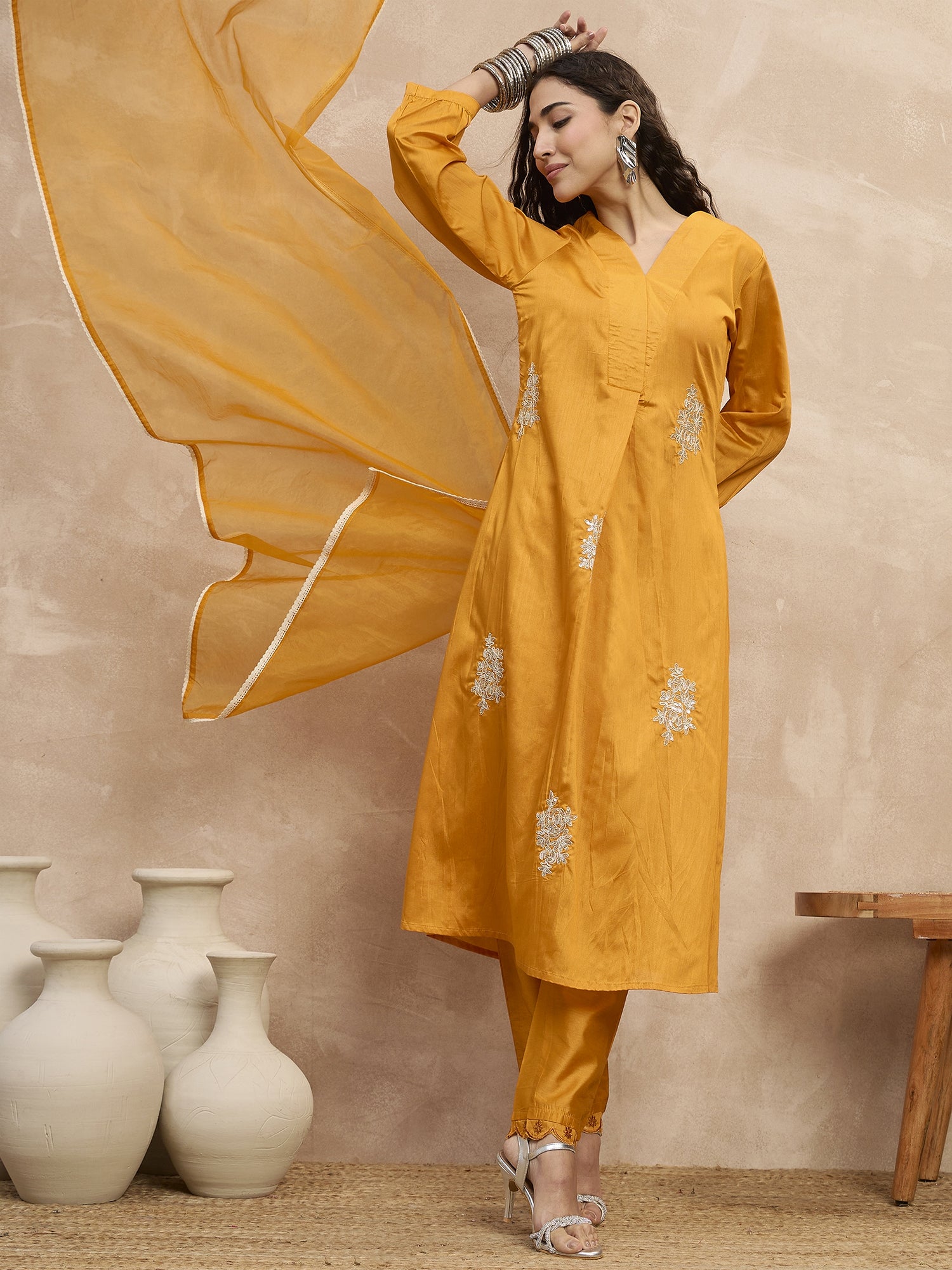Yellow  Chanderi Silk Embroideried A-Line Kurta Trouser