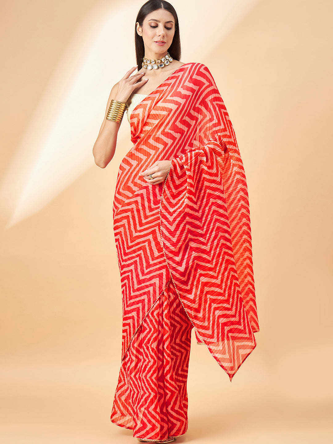 Red Pure Chiffon Stripes Pleted Saree with Unstitched Fancy Blouse