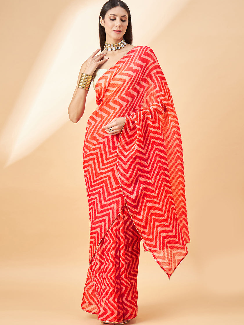 Red Pure Chiffon Stripes Pleted Saree with Unstitched Fancy Blouse