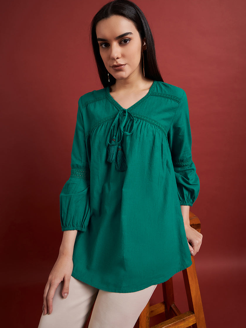 Green Pure Cotton Self Design Tie-Ups Puff Sleeves Ethnic Print Tops