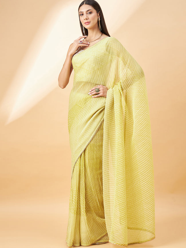 Parrot Green Pure Chiffon Zigzag Pleated Crush Print With Embellished Lace Saree with Unstitched Fancy Blouse