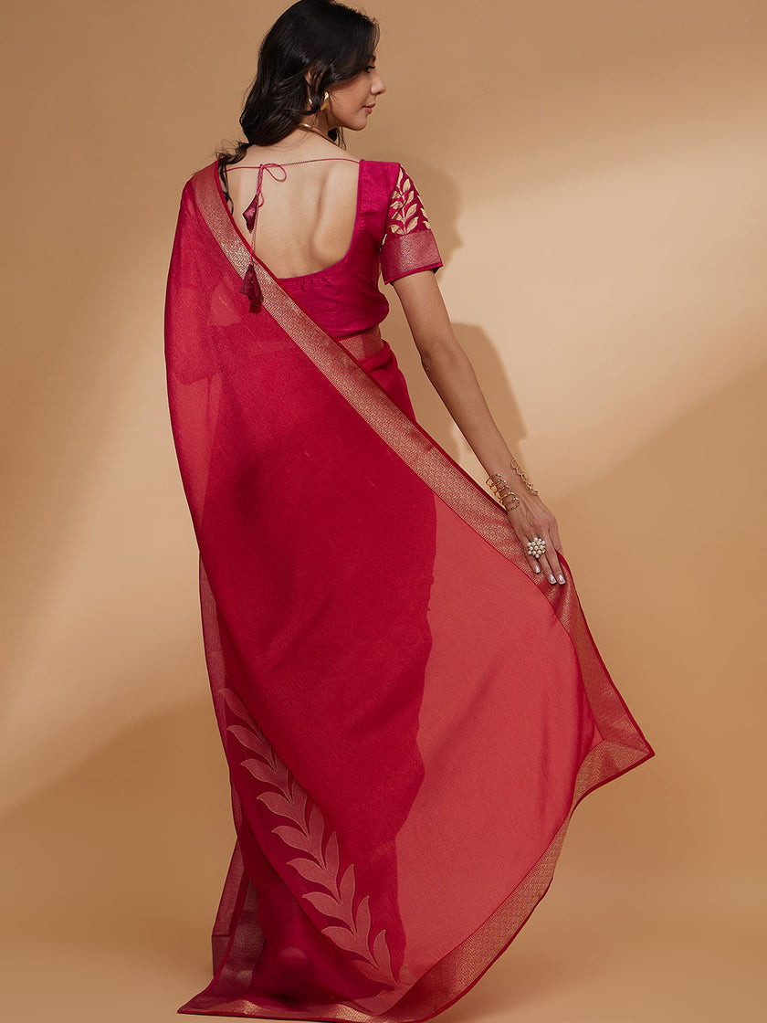 Pink Pure Chiffon Printed With Readymade Lace Saree with Unstitched Fancy Blouse