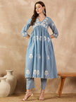 Light Blue  Cotton Blend Embroideried A-Line Kurta Trouser