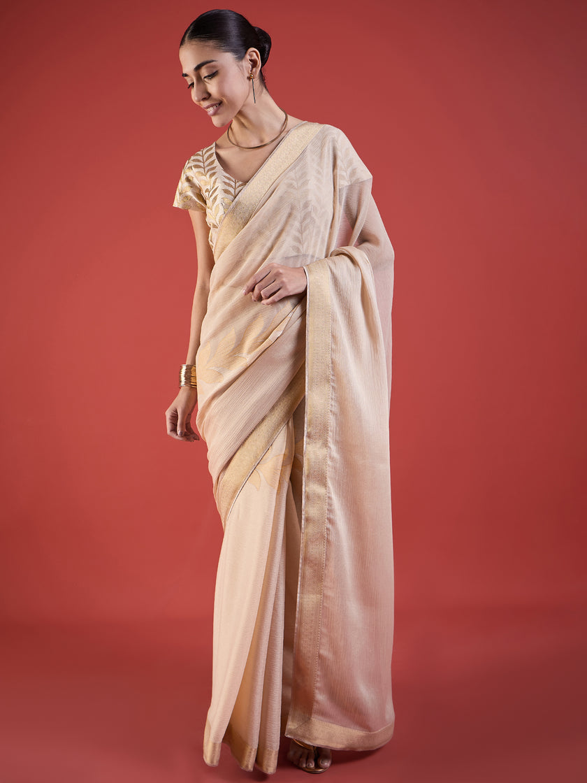 Beige Pure Chiffon Printed with Readyamde Lace Saree with Unstitched Fancy Blouse