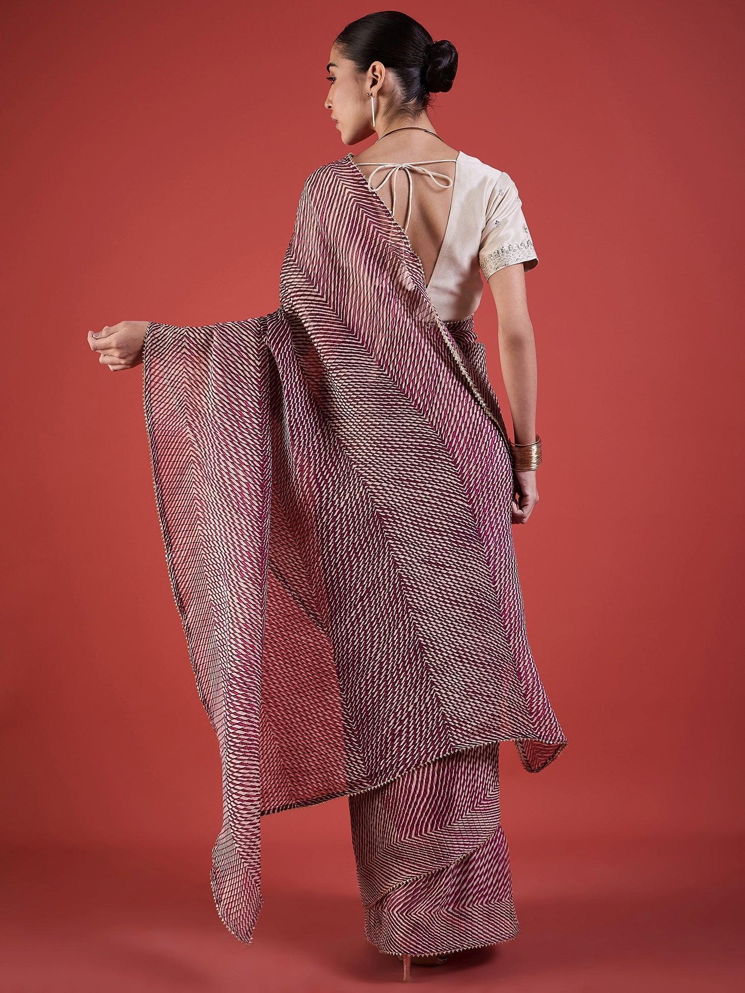 Wine  Pure Chiffon ZigZag Pattern Print With Embellished Lace Saree with Unstitched Fancy Blouse