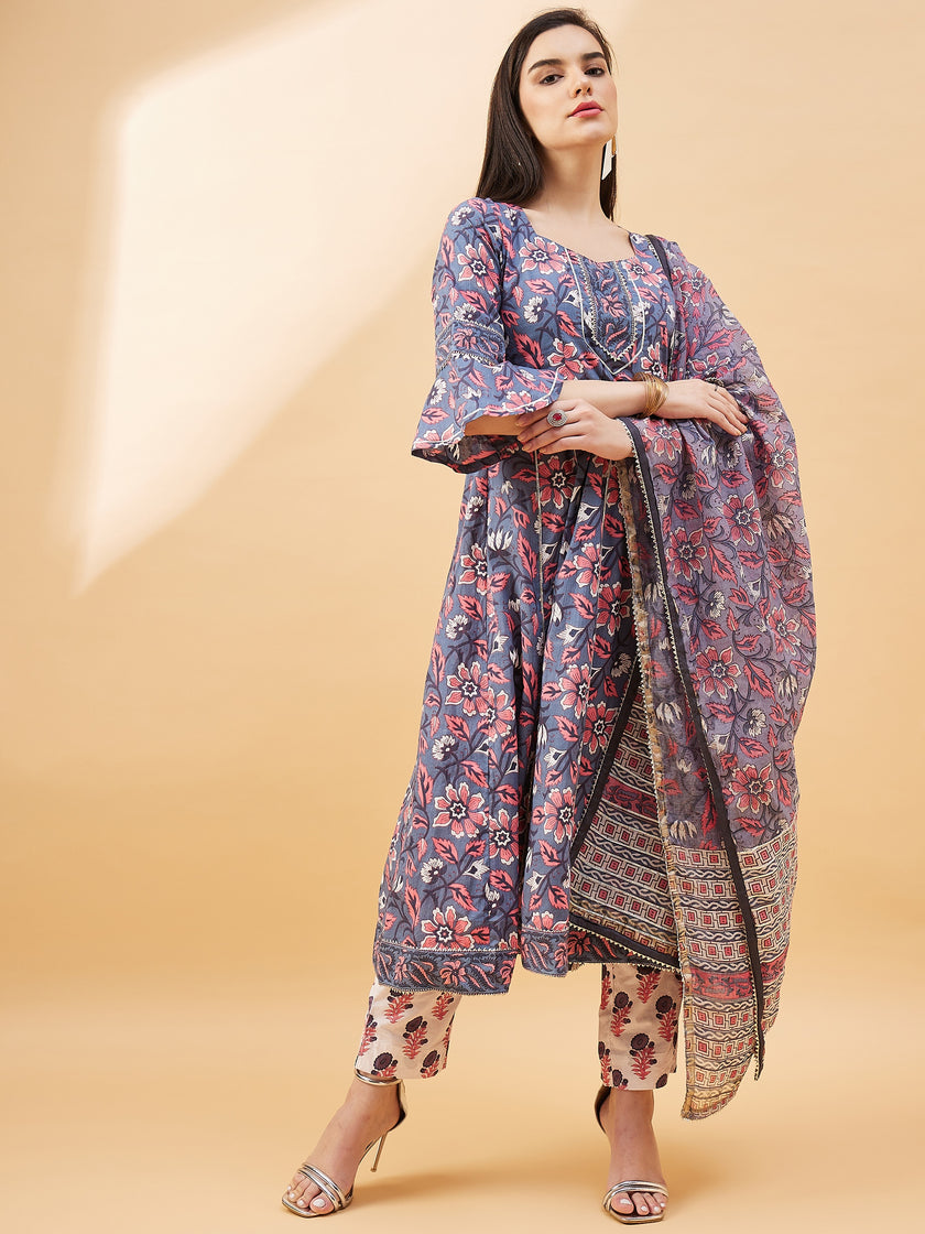 Grey   Pure Cotton  Printed  Anarkali Kurta  Trouser