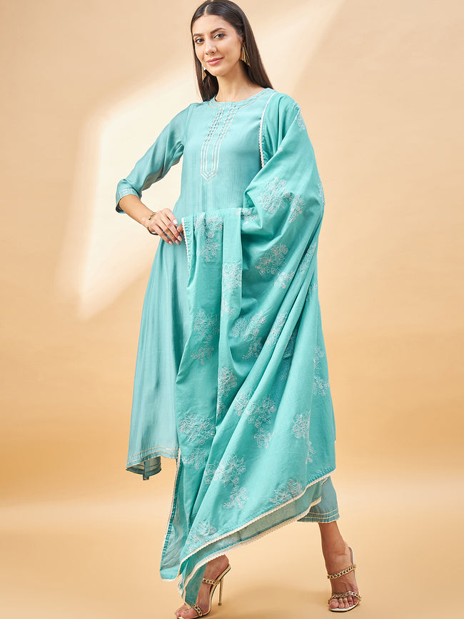 Turquoise Blue Pure Cotton Solid A-Line Kurta Trouser  With Dupatta