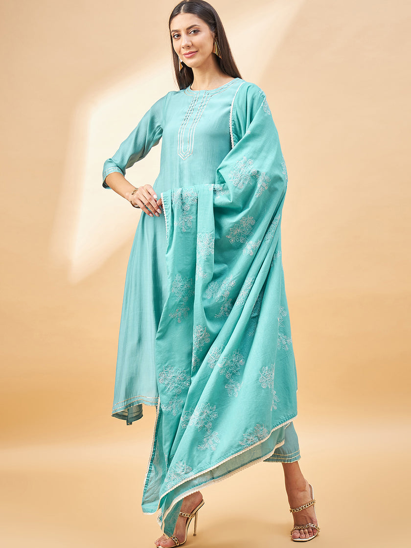 Turquoise Blue Pure Cotton Solid A-Line Kurta Trouser  With Dupatta
