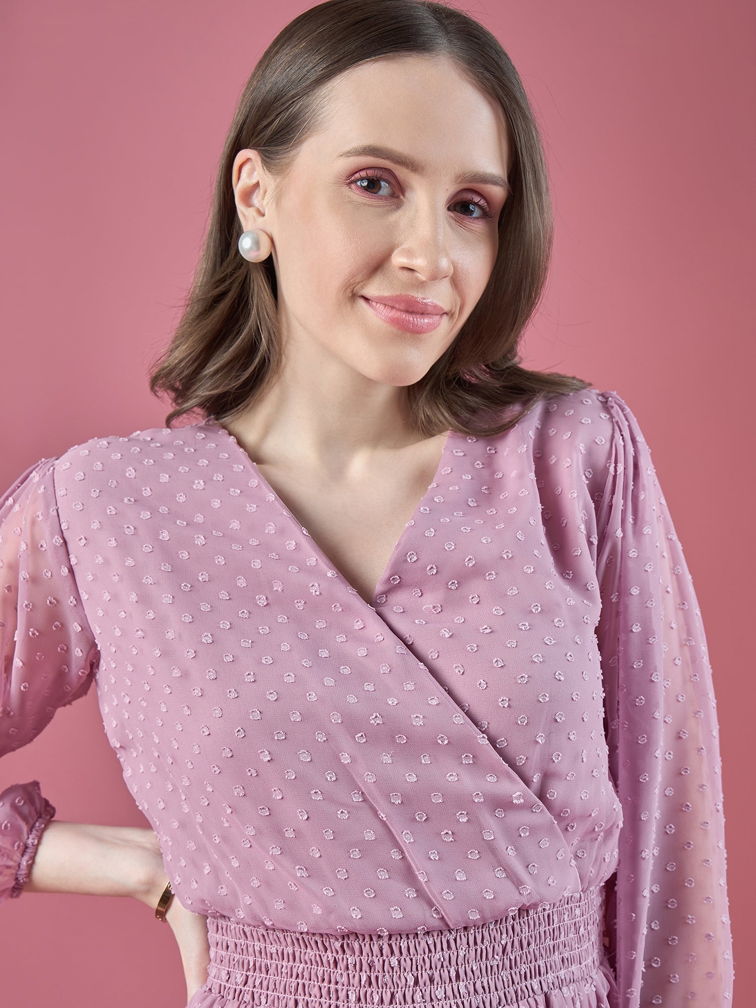 Lavender Georgette Embroidered Puff Sleeves Self Design Dress