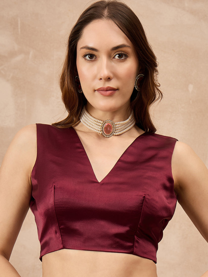 Onion Satin Solid with Embroidered Border Saree with Unstitched Blouse